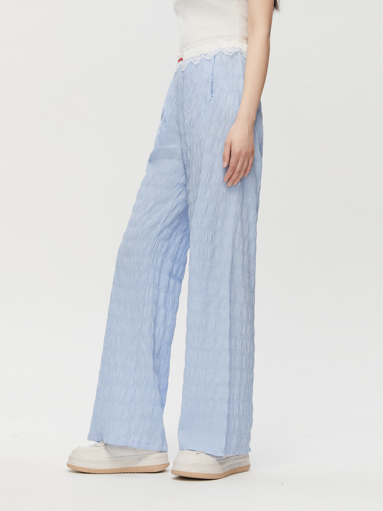 青ファッション 青ファッション レース縁取りしわ加工ワイドパンツ