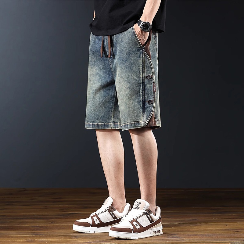 青ファッション サイドボタン デニムハーフパンツ