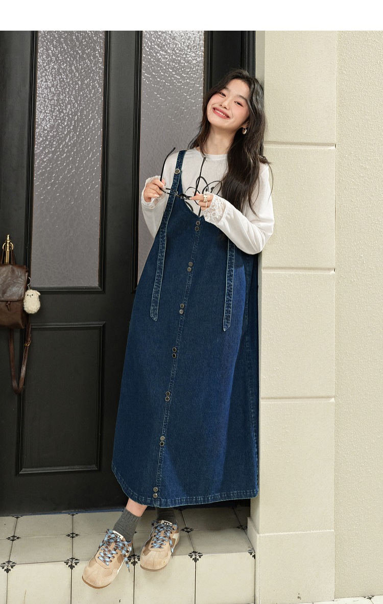 青ファッション 前開きデニムキャミワンピース