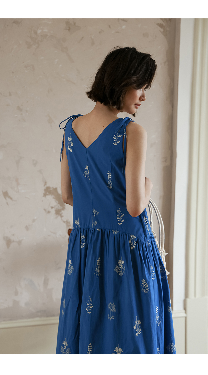 青ファッション 花刺繍カシュクールワンピース