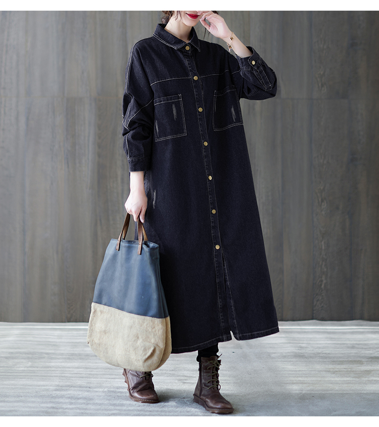 青ファッション 大人可愛いロングデニムシャツワンピース体型カバー