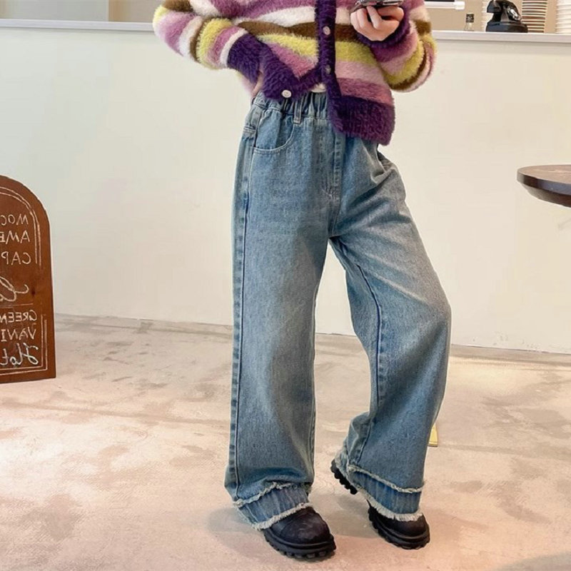 青ファッション 子供服デニムパンツ切りっぱなしワイドストレート