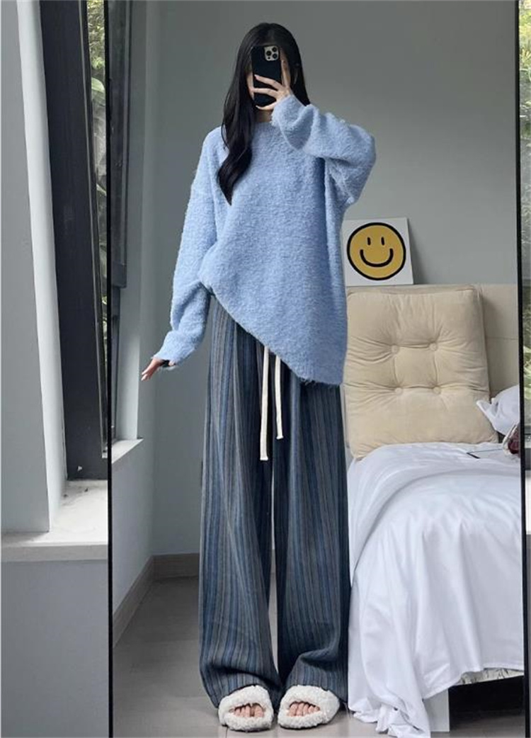 青ファッション 大人可愛い縦縞柄ワイドパンツ レディース