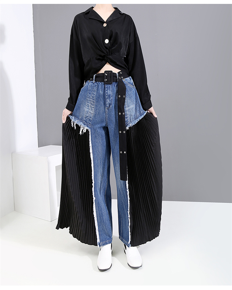 青ファッション 洗練されたハイウエストデニム切替プリーツワイドパンツ