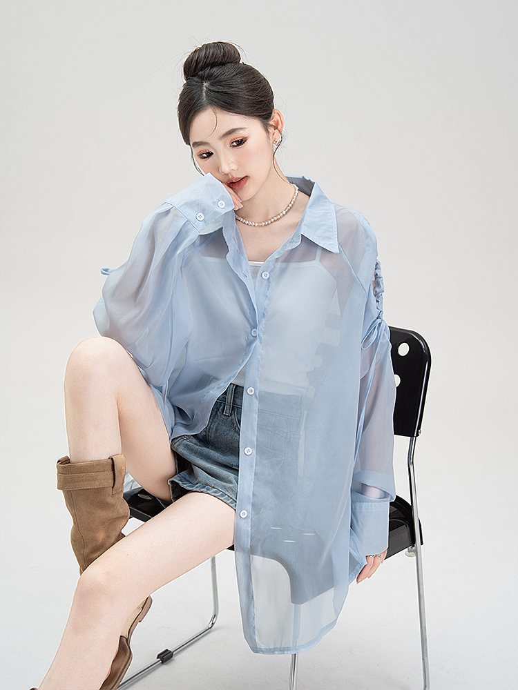 青ファッション 透け感シースルー袖リボンシャツ