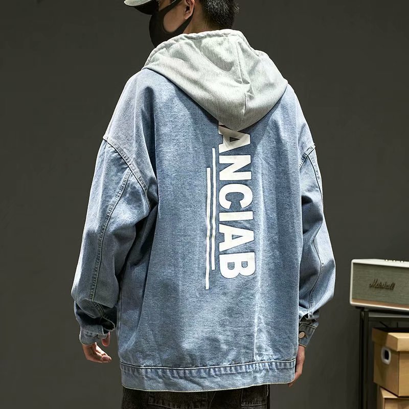 青ファッション バックロゴ フーディデニムジャケット