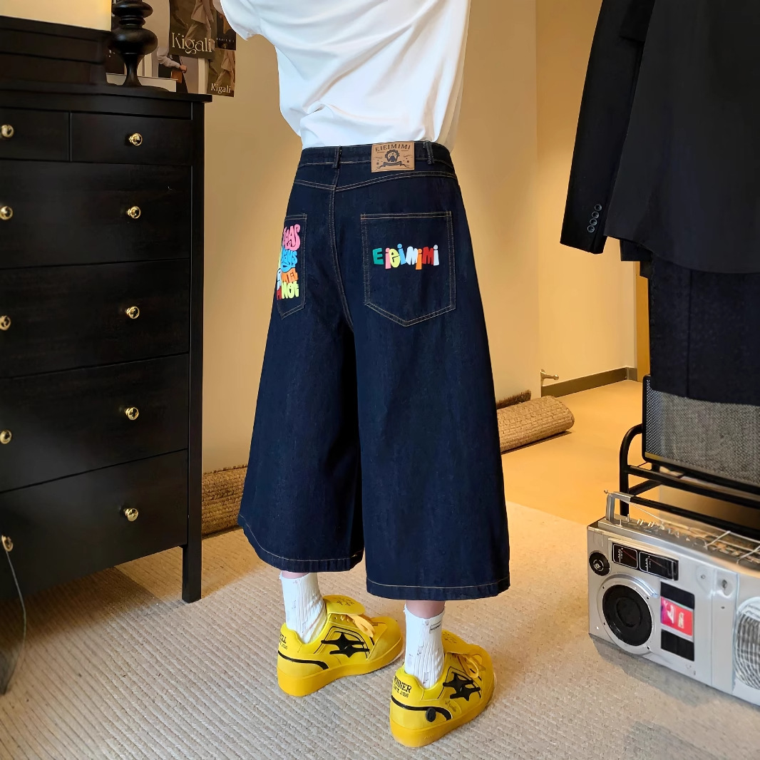 青ファッション カラフル刺繍デニムワイドパンツ