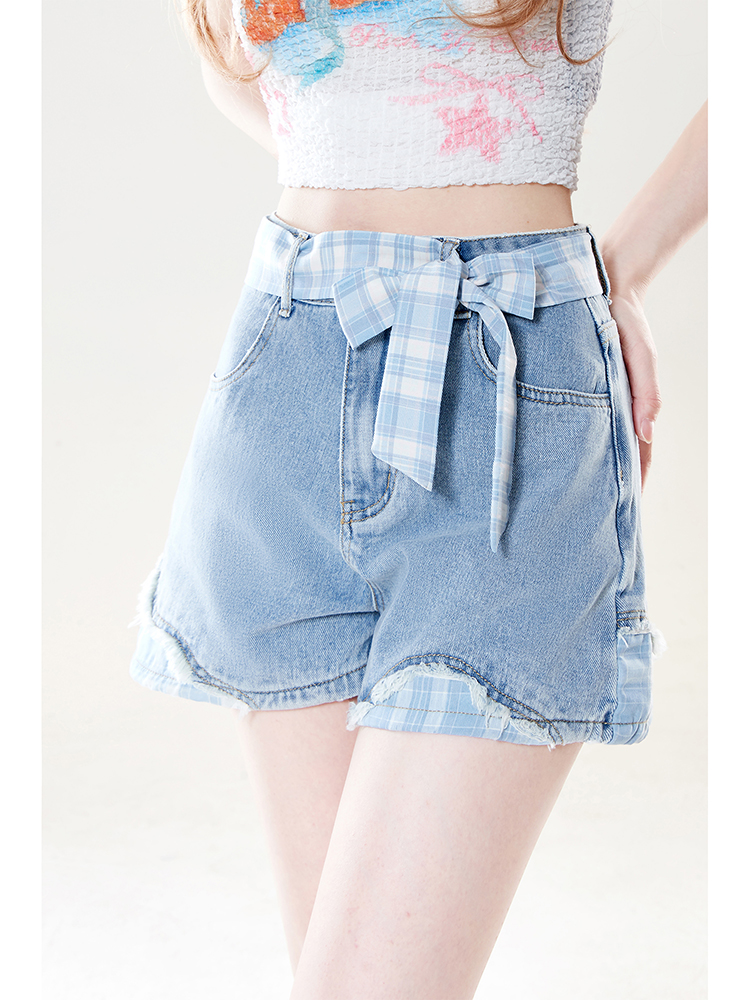 青ファッション チェックリボン付きデニムショートパンツ