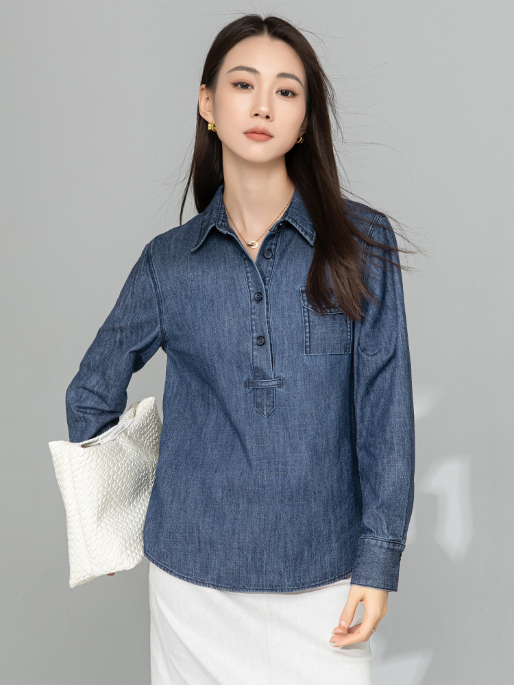 青ファッション プルオーバーデニムシャツ