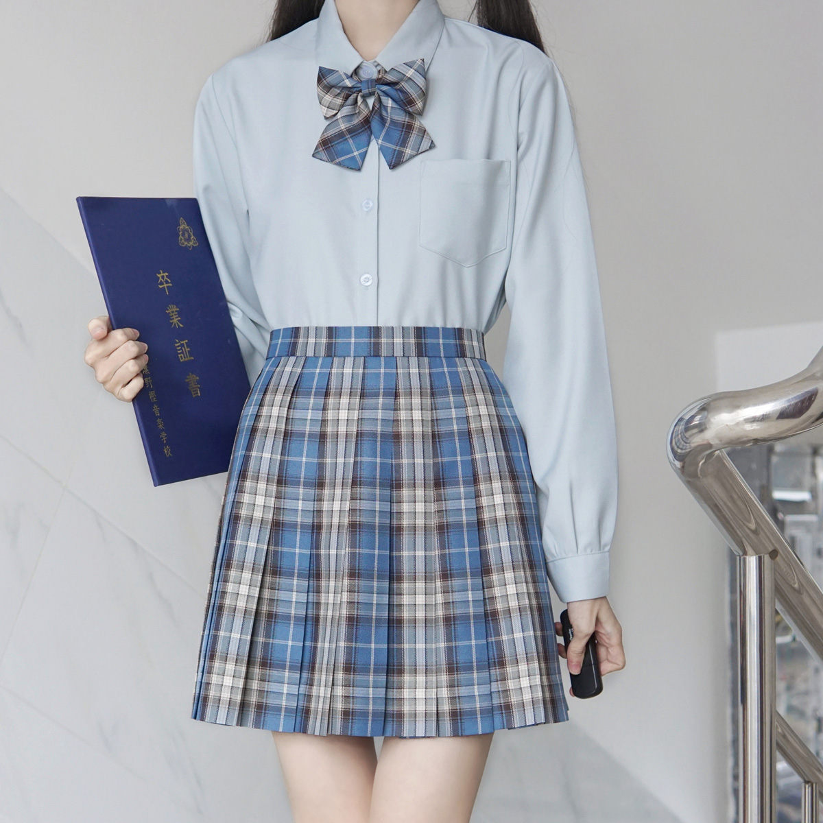 青ファッション 青ファッション 制服風リボン付きブラウス