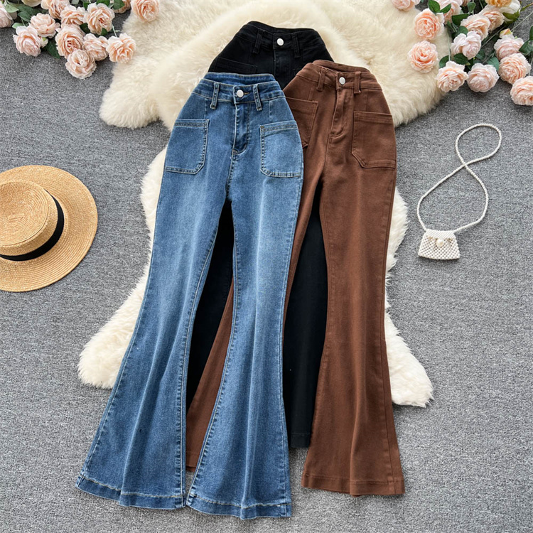 青ファッション レトロ風フレアデニムパンツ ハイウエスト