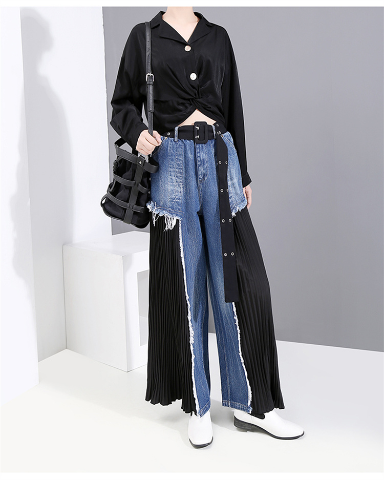 青ファッション 洗練されたハイウエストデニム切替プリーツワイドパンツ