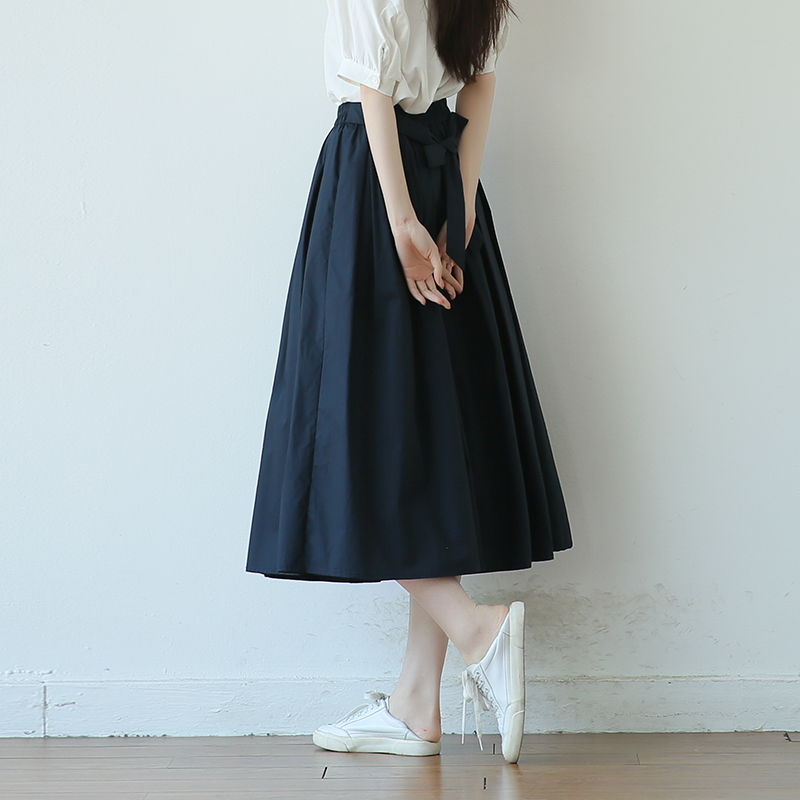 青ファッション ゆったりギャザーミディスカート