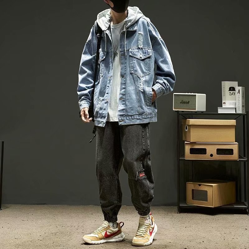 青ファッション バックロゴ フーディデニムジャケット