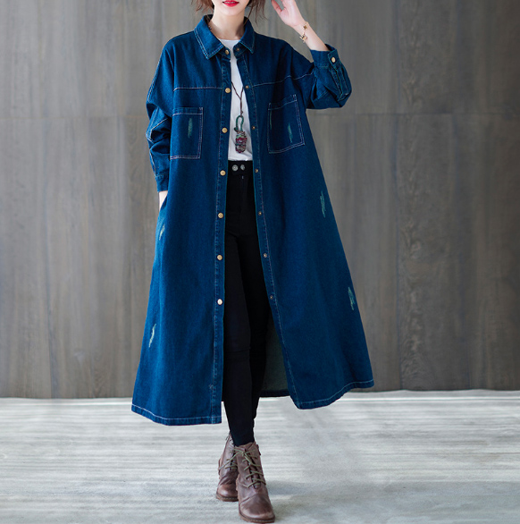 青ファッション 大人可愛いロングデニムシャツワンピース体型カバー