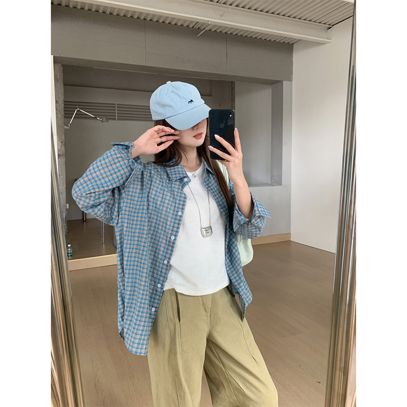 青ファッション ふんわり格子柄ゆったりシャツ