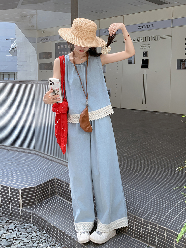 青ファッション レース縁取りノースリーブセットアップ