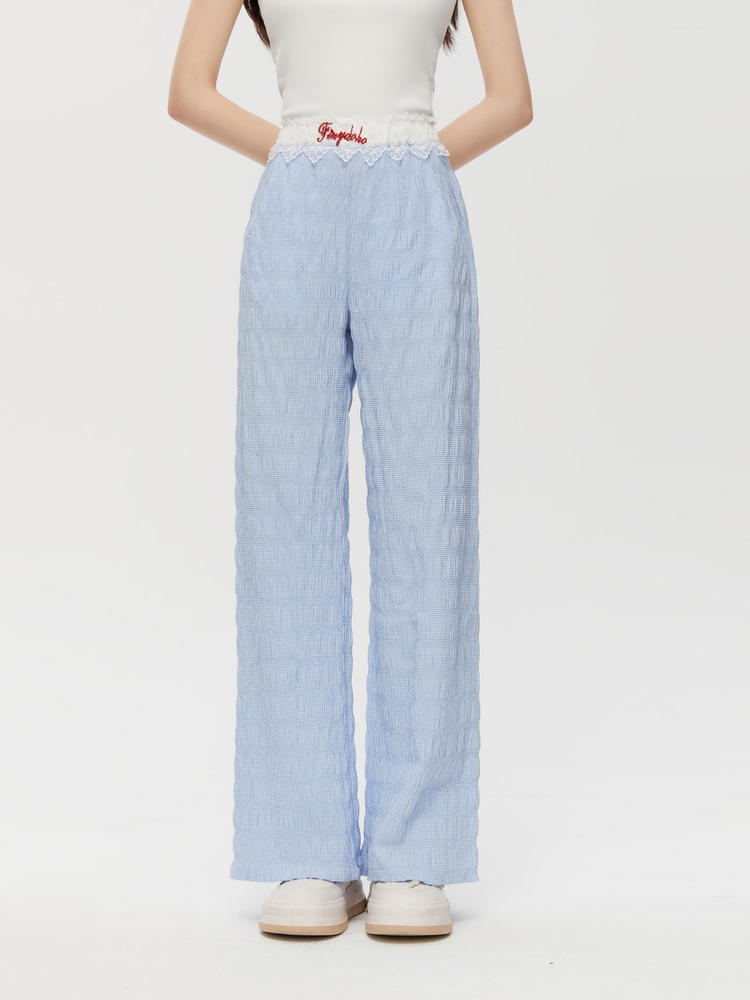 青ファッション 青ファッション レース縁取りしわ加工ワイドパンツ