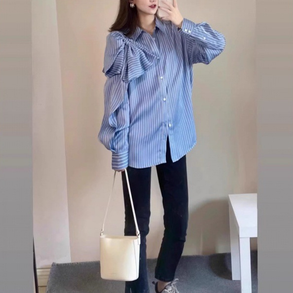 青ファッション ストライプフリルデザインシャツ