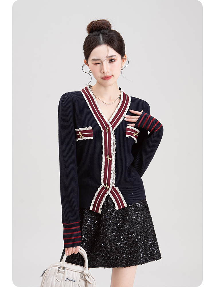 青ファッション 青ファッション レース縁取りリブ編みカーディガン