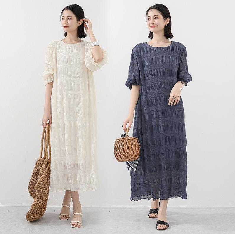 青ファッション シャーリング シフォン ロング ワンピース 長袖 レディース