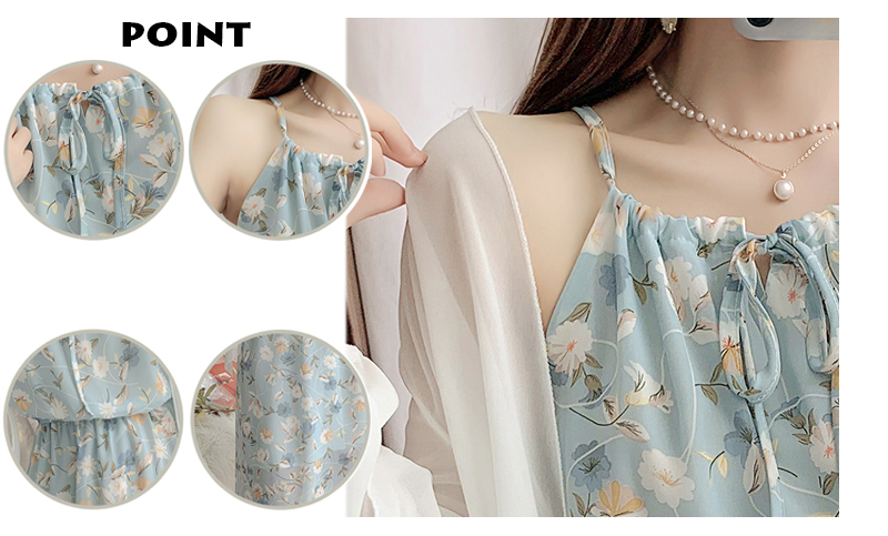 青ファッション 春夏花柄シフォンキャミワンピース水色