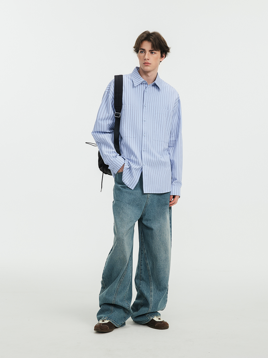 青ファッション 優雅な縦縞ゆったりシャツ