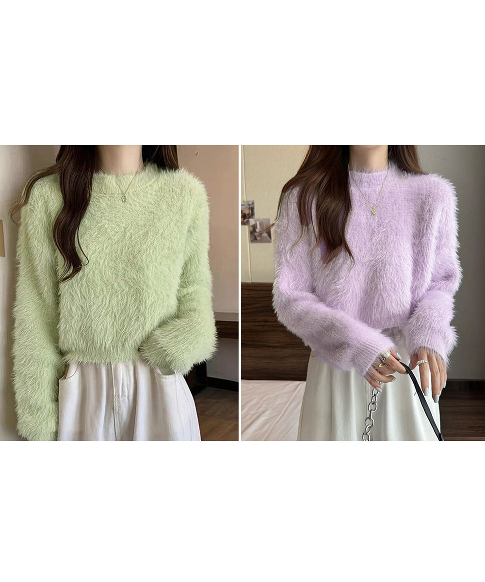 青ファッション ふわもこ シャギーニット ショート丈 トップス