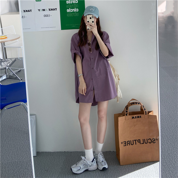 青ファッション ゆったりシルエット中丈シャツワンピース