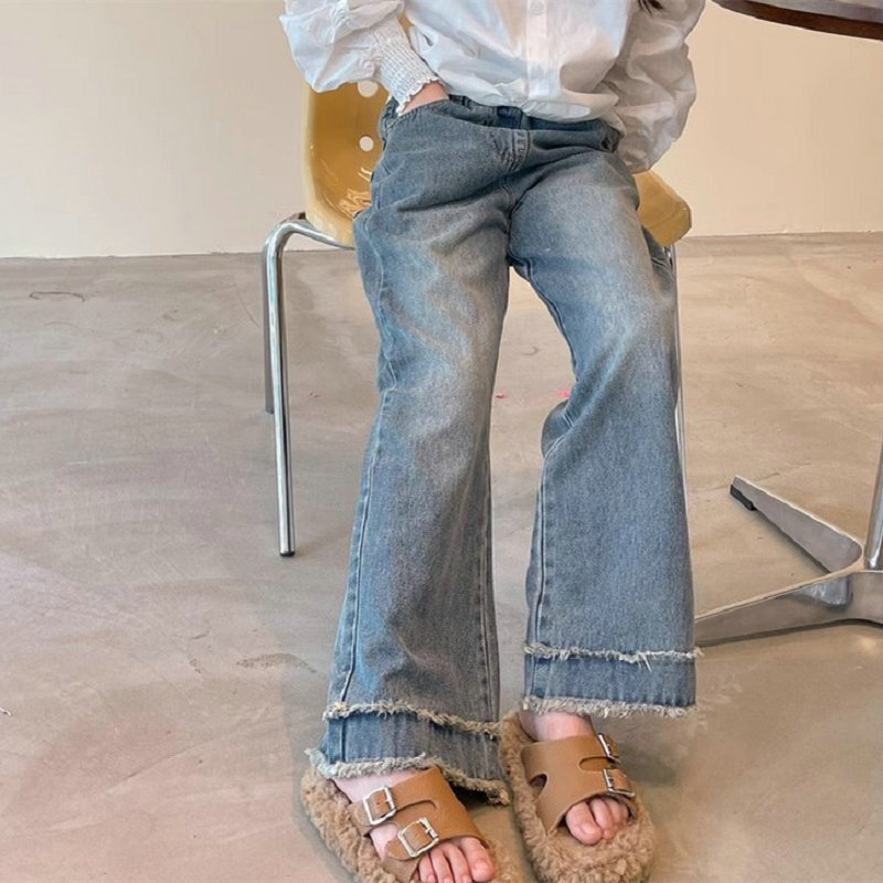 青ファッション 子供服デニムパンツ切りっぱなしワイドストレート