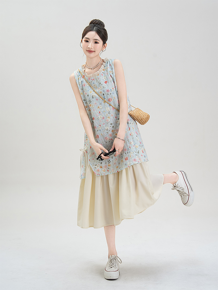 青ファッション 花ノースリーブチュニック