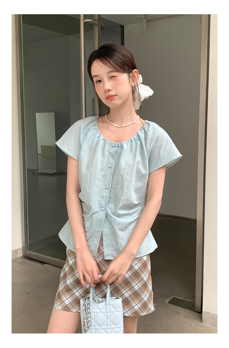 青ファッション ギャザーネック リネン風半袖シャツ
