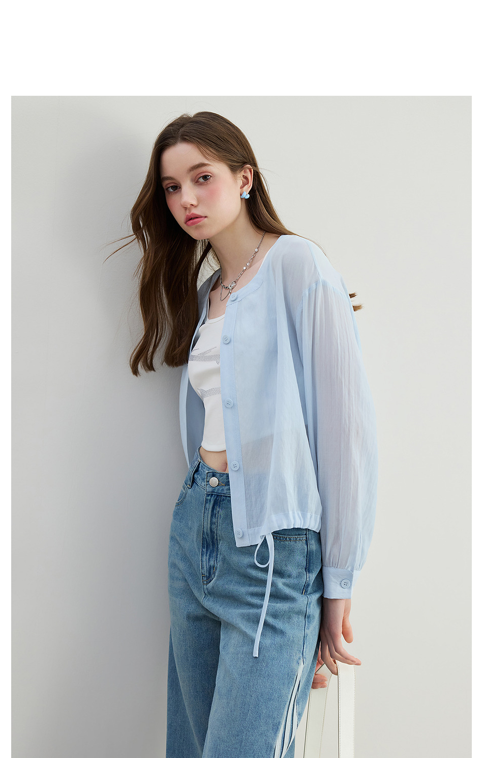 青ファッション シアーショートカーディガン