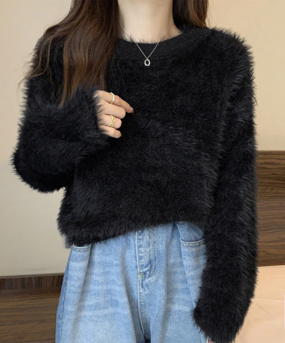青ファッション ふわもこ シャギーニット ショート丈 トップス