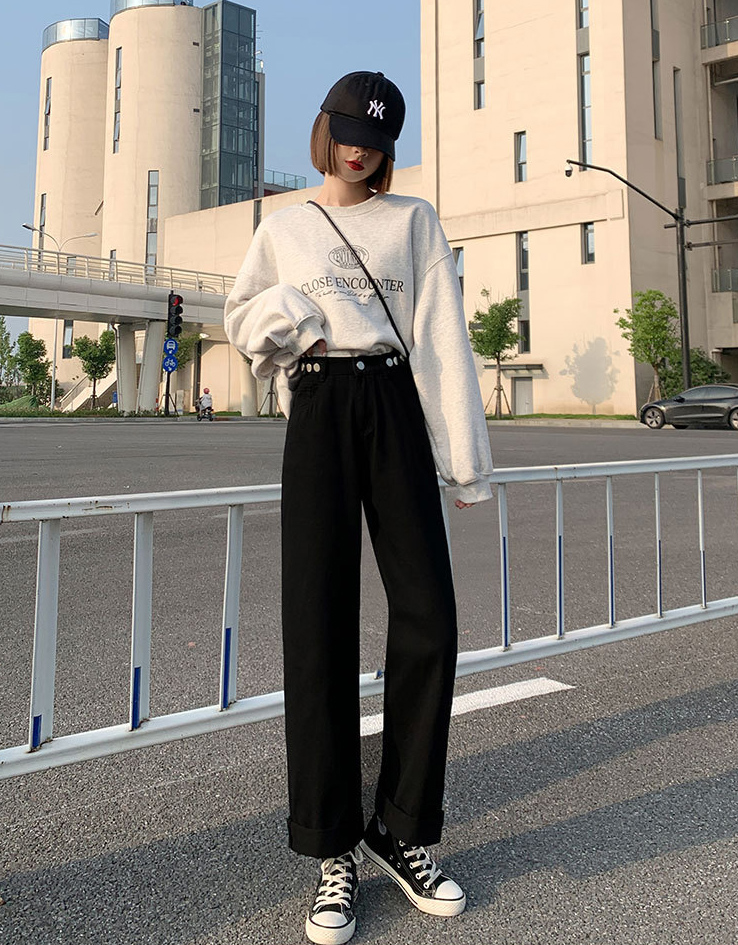 青ファッション 2025新作ハイウエストデニムワイドパンツゆったりシルエット