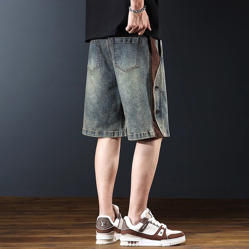 青ファッション サイドボタン デニムハーフパンツ