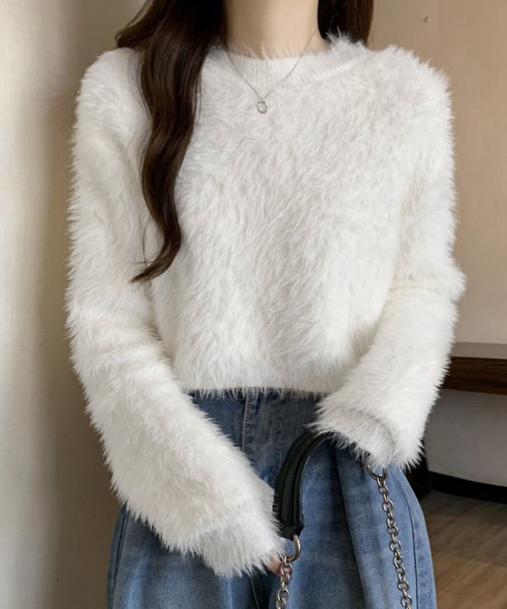 青ファッション ふわもこ シャギーニット ショート丈 トップス