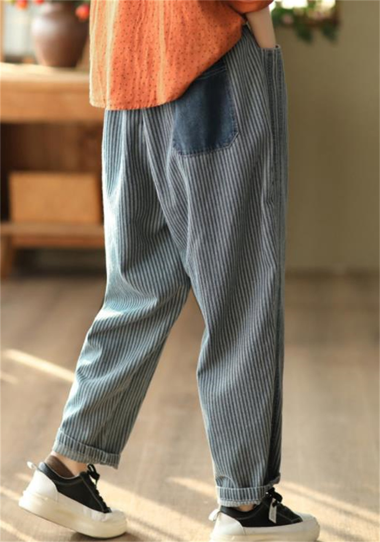 青ファッション 春夏用縦縞テーパードパンツ レトロ風デニム調