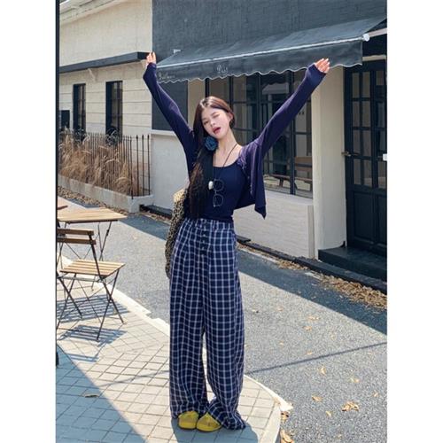 青ファッション 青ファッション 格子柄ゆったりカーディガンセットアップ