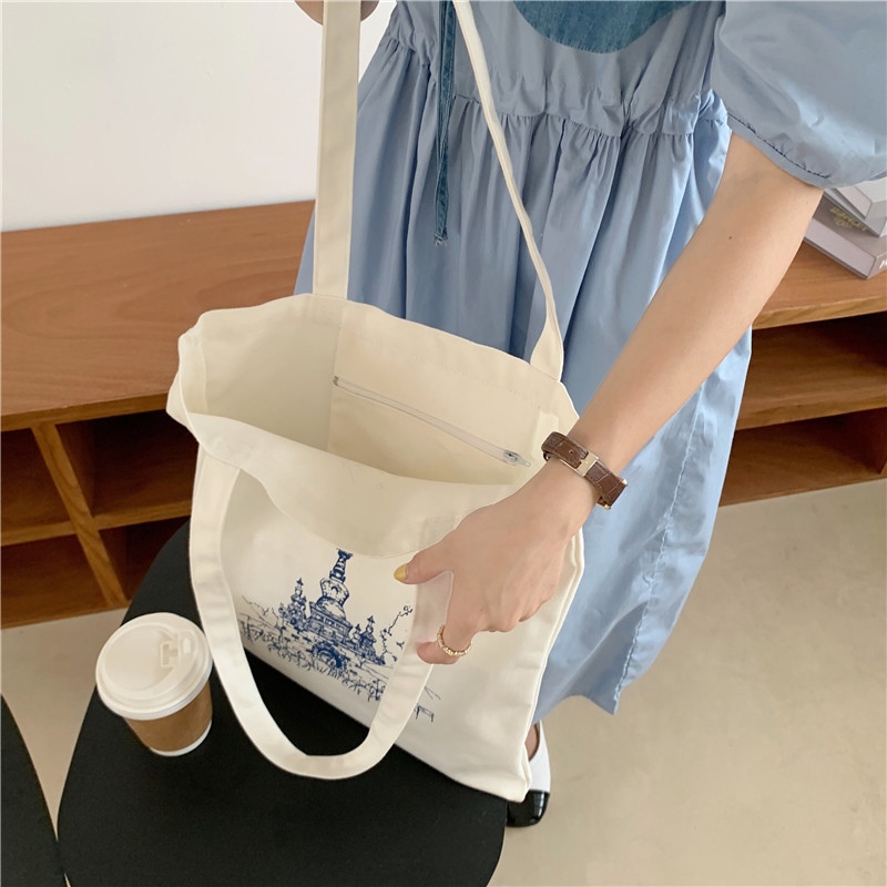 青ファッション 古風建物柄キャンバストートバッグ