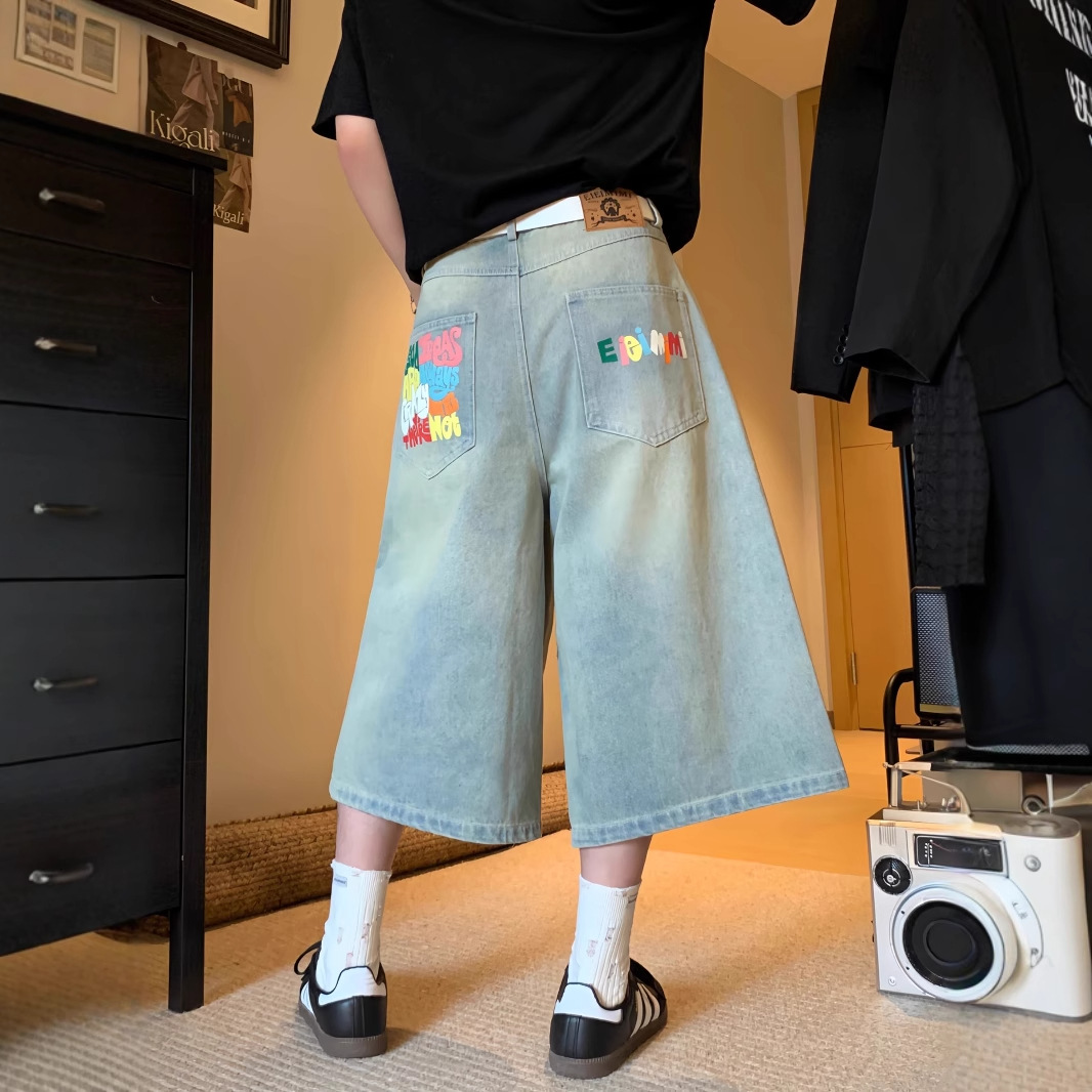 青ファッション カラフル刺繍デニムワイドパンツ