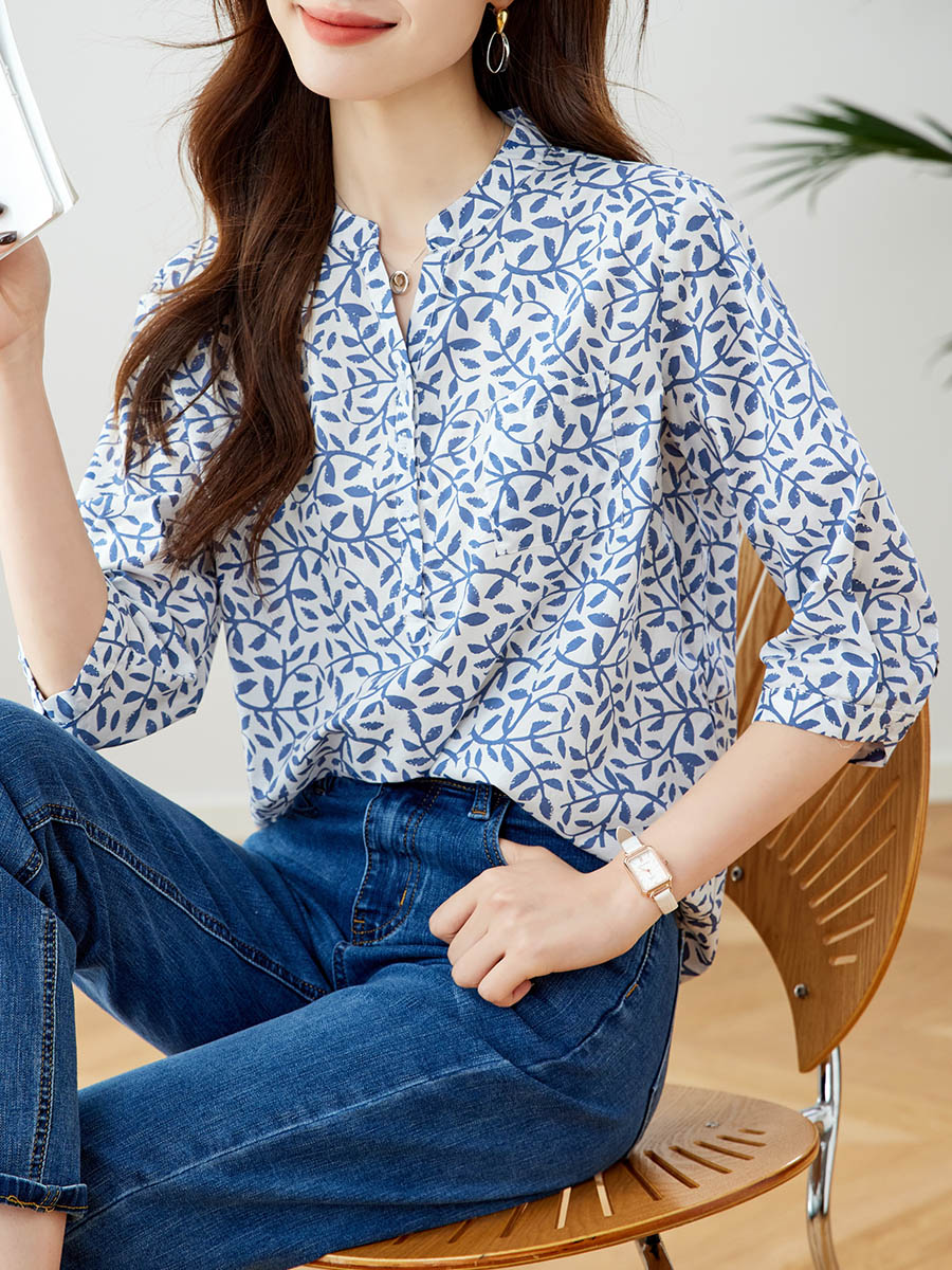 青ファッション 小枝模様のスタンドカラーシャツ