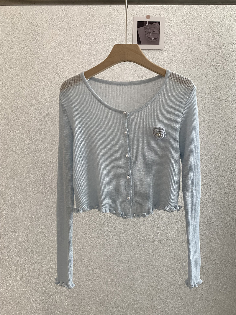 青ファッション フリルヘム 花モチーフ ショートカーディガン