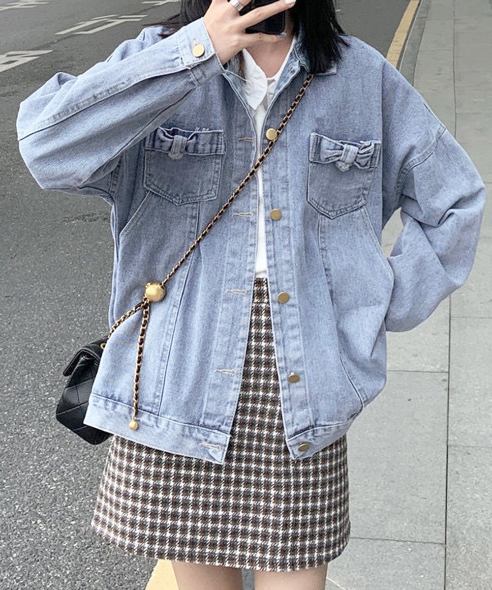 青ファッション ゆったりデニムジャケット 体型カバー 長袖羽織り