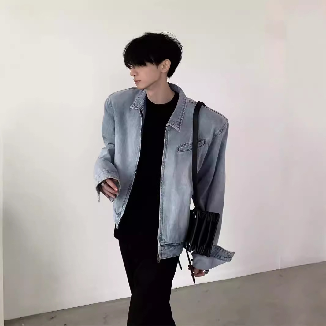 青ファッション シンプル洗い加工デニムジャケット