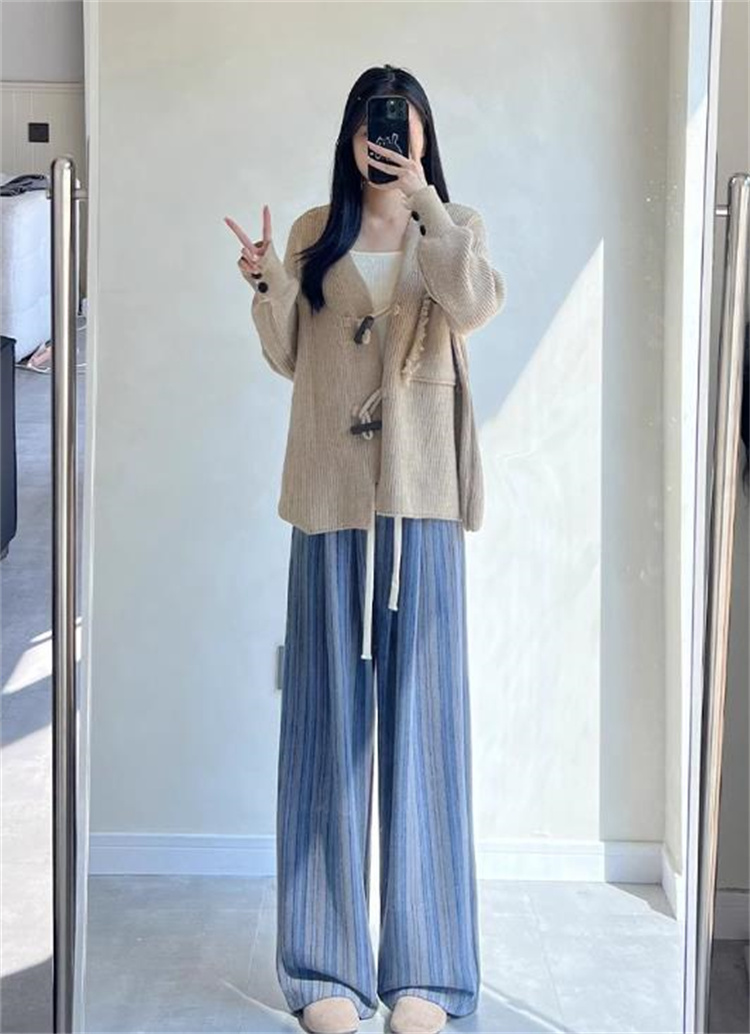 青ファッション 大人可愛い縦縞柄ワイドパンツ レディース