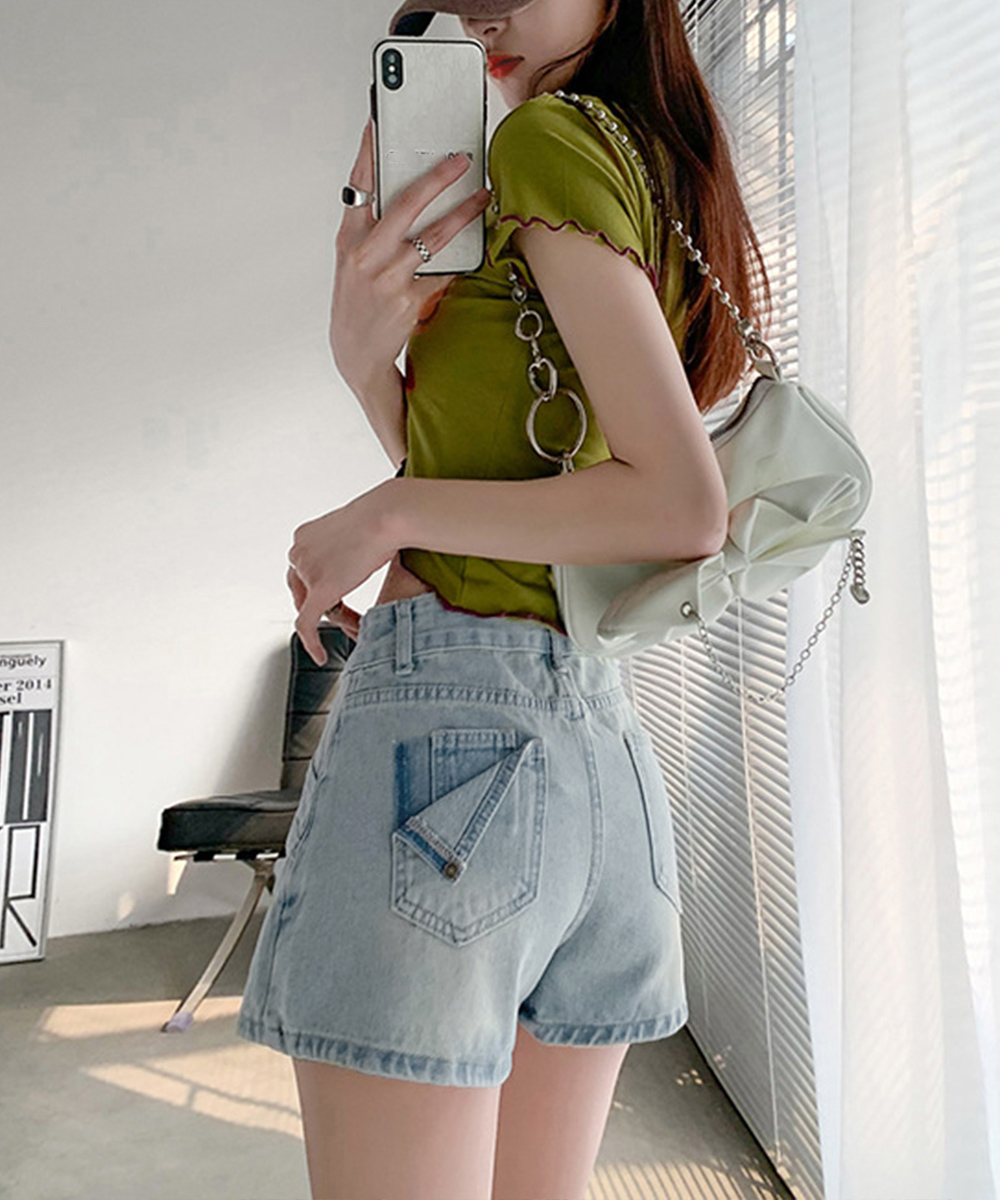 青ファッション 美脚デニムスカパン 台形シルエットパンツ