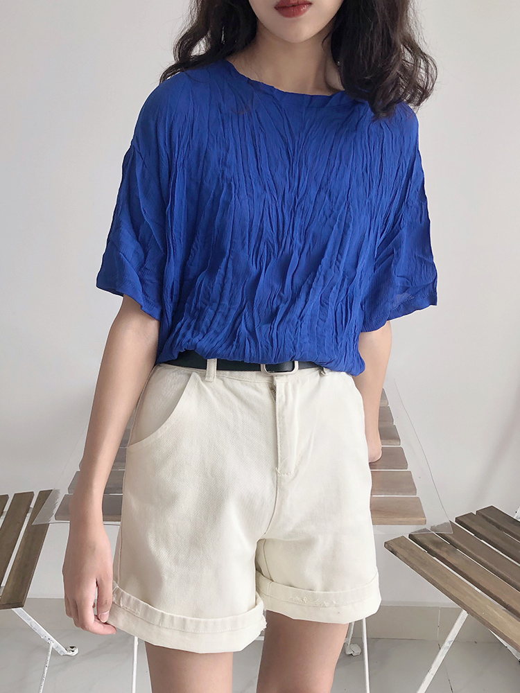 青ファッション シワ加工リラックスプルオーバー
