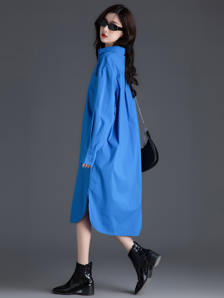 青ファッション ロングシャツワンピース