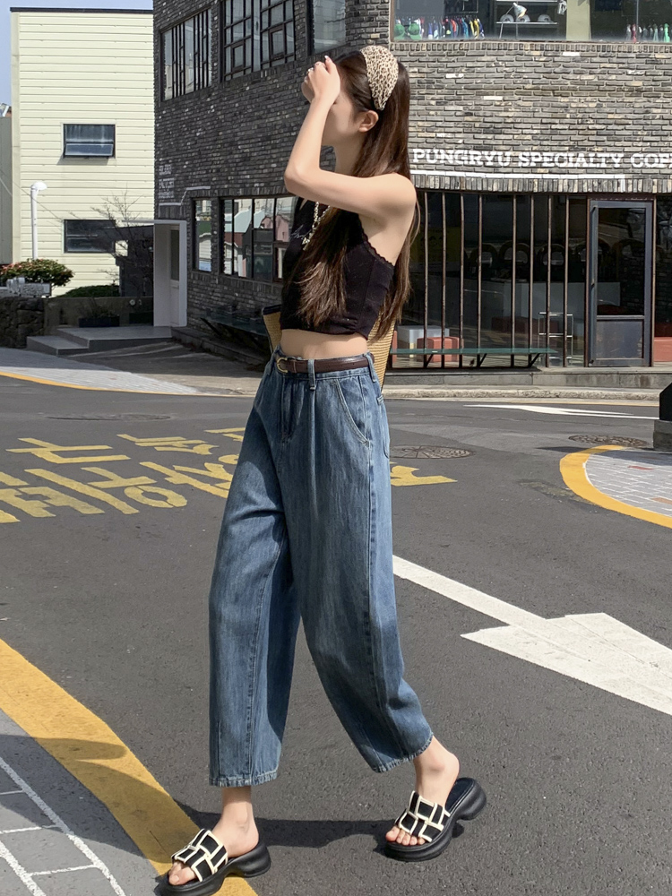 青ファッション ゆったりワイドデニムパンツ